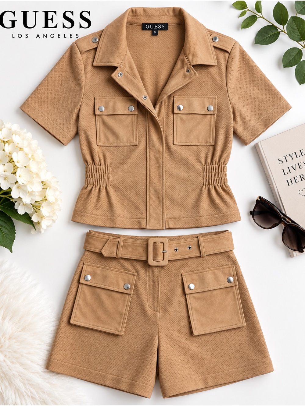 GUESS Women’s Faux Suede Utility Jacket & Belted Shorts Set Size M Tan